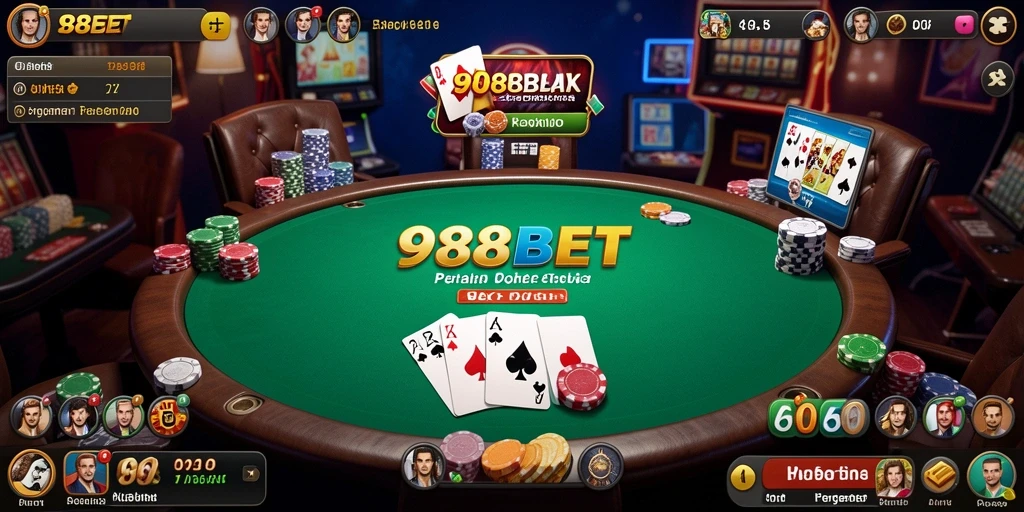 Screenshot permainan poker yang menampilkan suasana kasino yang menegangkan.
