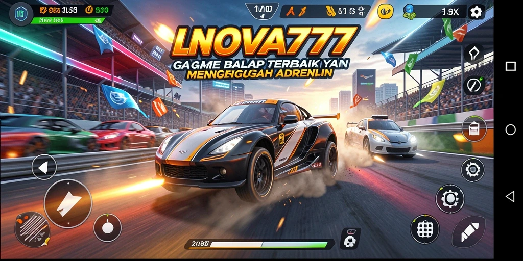 Tampilan gameplay LNOVA777 yang menegangkan dengan mobil balap berkecepatan tinggi.