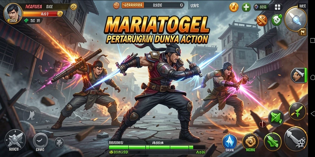 Screenshot utama MARIATOGEL menunjukkan aksi pertarungan yang mendebarkan.