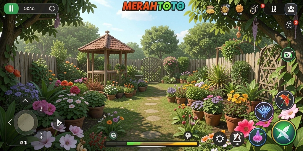 Screenshot gameplay MERAHTOTO menunjukkan suasana berkebun yang menyenangkan.