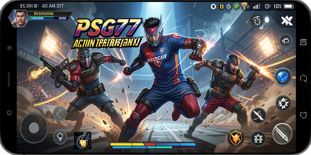 Tampilan gameplay mendebarkan dengan karakter bertarung di arena.