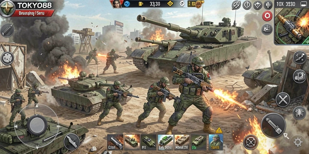 Screenshot gameplay TOKYO88 menunjukkan pertempuran strategi yang dinamis.