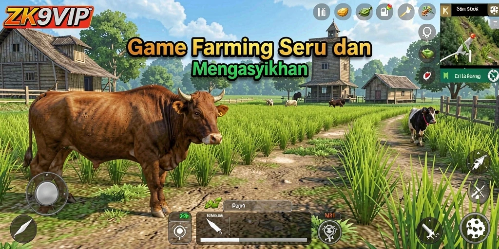 Screenshot gameplay ZK9VIP menampilkan suasana pertanian yang cerah dan aktif.